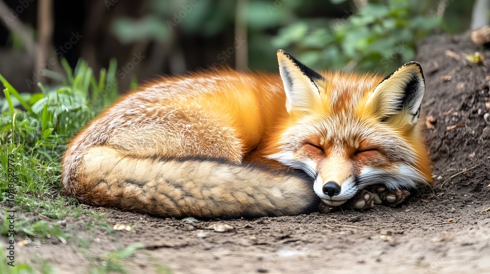 Naklejka premium A fox curled up asleep