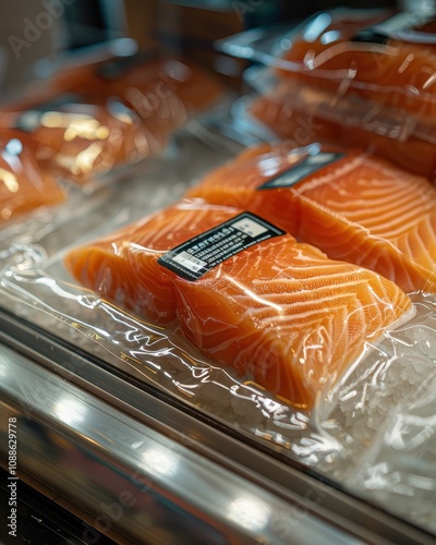 Fresh salmon fillets are neatly packaged in clear vacuum-seal bags, showcasing vibrant orange color and unique textures, ready for sale.