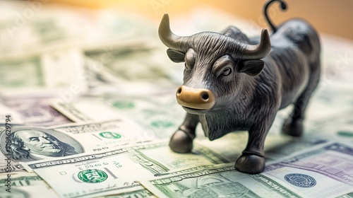 Green Bull Amidst Currency Symbols Representing Financial Growth and Investment Opportunities in the Global Market photo