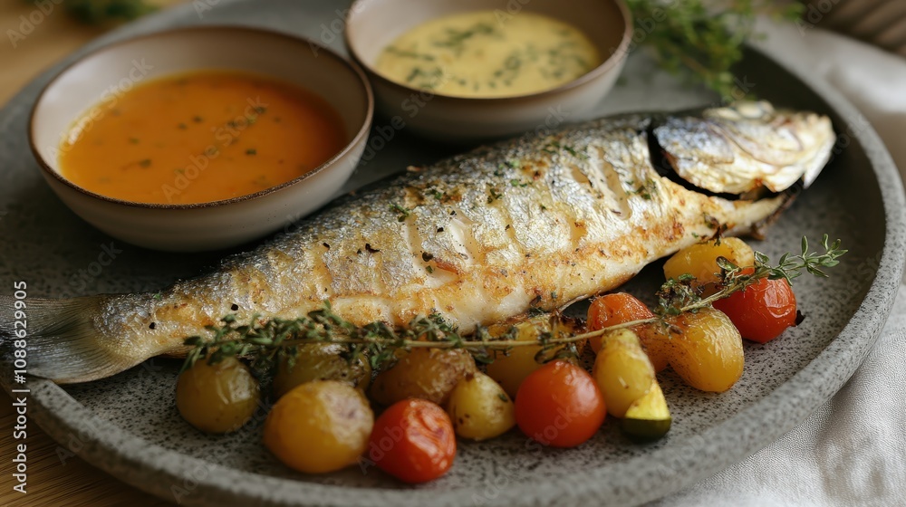 A beautifully plated grilled fish served with vibrant sauces and colorful vegetables, garnished with fresh herbs. A beautifully plated grilled fish served with vibrant sauces and colorful vegetables, garnished with fresh herbs.