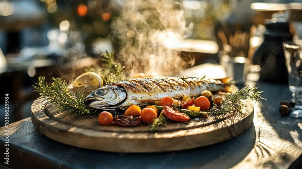 A beautifully grilled fish garnished with fresh herbs and colorful vegetables, served on a wooden platter, exuding steam and inviting aromas.