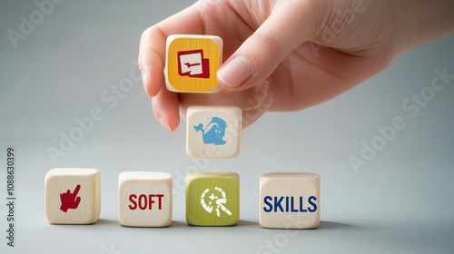 Soft skills concept. Used for presentation, banner. Hand puts wooden cubes with icons of "SOFT SKILLS" ; creativity, EQ, Problem solving, persuasion, collaboration, adaptability. on grey background.