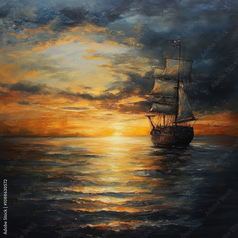 Sonnenuntergang und Frachtschiff auf See