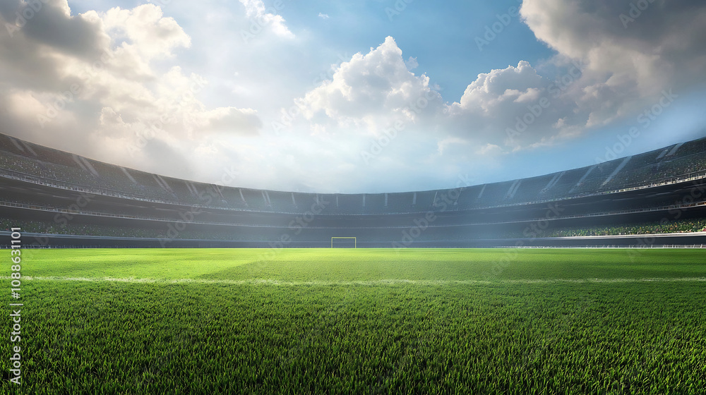 Fototapeta premium Vast Empty Cricket Stadium with Grassy Turf and Dramatic Sky Lighting