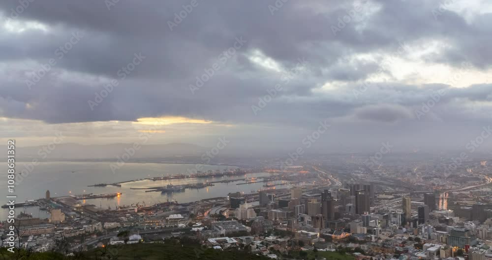 A static Time Lapse shot of sunrise over the City of Cape Town and the Waterfront Harbor, with changing light and dramatic cloud movement. A static Time Lapse shot of sunrise over the City of Cape Town and the Waterfront Harbor, with changing light and dramatic cloud movement.