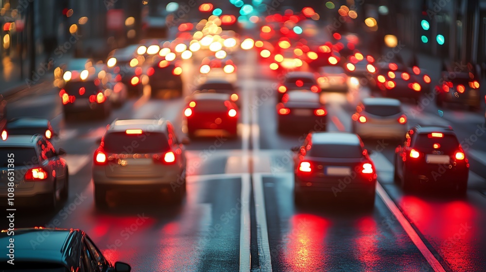 A blurry image of traffic on a city street at night, with a focus on the red taillights of the cars. A blurry image of traffic on a city street at night, with a focus on the red taillights of the cars.