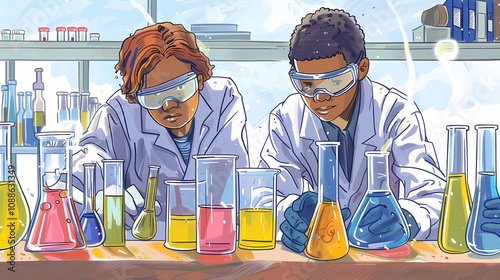 Illustration of a group of scientists working in a laboratory wearing lab coats and safety glasses
