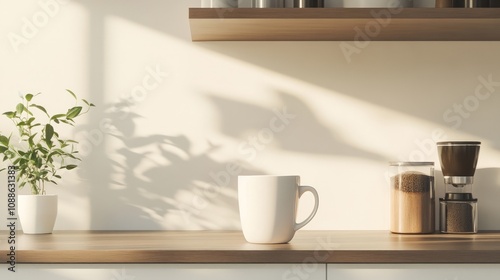 Wallpaper Mural Morning Serenity, A clear coffee mug filled with freshly brewed espresso sits on a minimalist kitchen counter, surrounded by subdued tones, evoking a peaceful morning ambiance. Torontodigital.ca