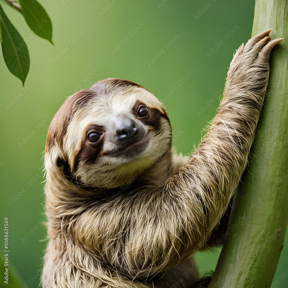 Fototapeta premium Portrait of a cute sloth hanging on a tree branch.