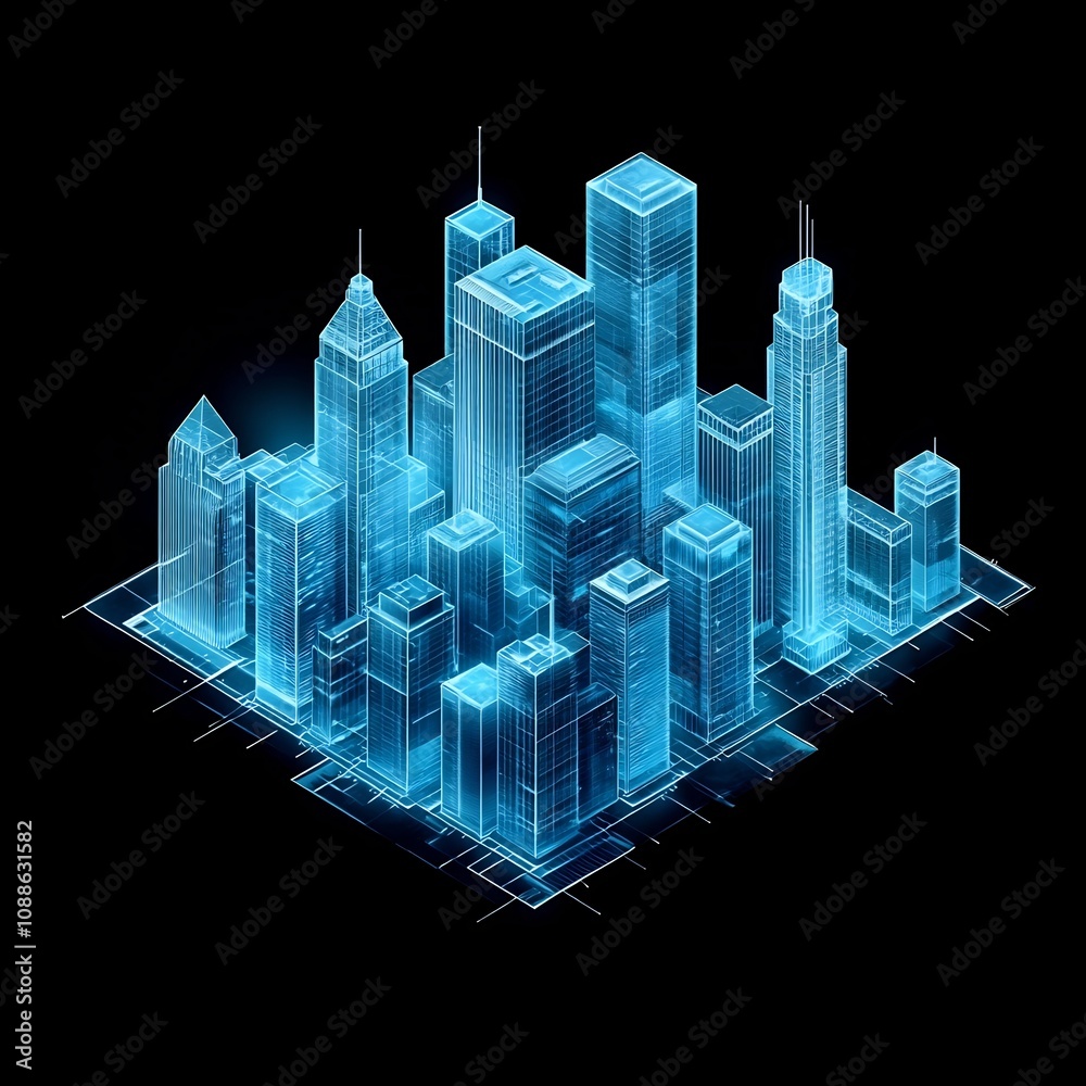 Fototapeta premium Futuristic Blue Gradient 3D Isometric City Architecture with Glass Skyscrapers