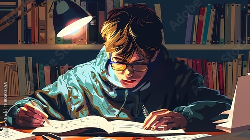 Teenager Studying for Exams with Desk Lamp, Textbooks, and Notes