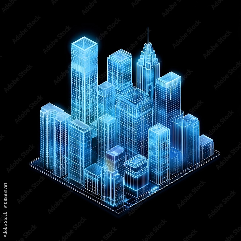 Fototapeta premium Futuristic 3D Isometric Glass Skyline with Blue Gradient and White Outlines