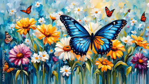 Watercolor painting of a blue butterfly on a background of daisies