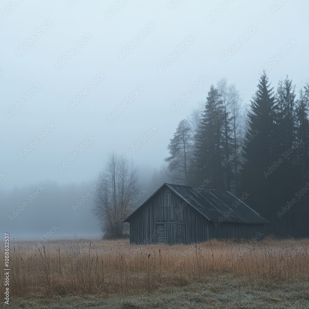 Misty Finnish Field with Rustic Barn in a Foggy Landscape Misty Finnish Field with Rustic Barn in a Foggy Landscape
