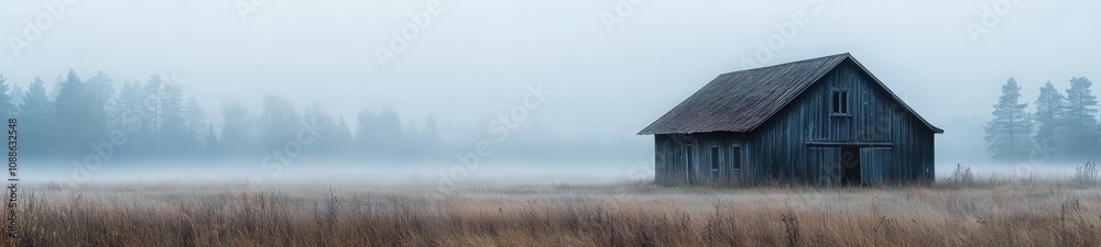 Misty Finnish Field with Rustic Barn in a Foggy Landscape Misty Finnish Field with Rustic Barn in a Foggy Landscape