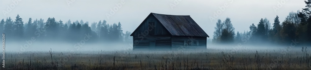 Misty Finnish Field with Rustic Barn in a Foggy Landscape Misty Finnish Field with Rustic Barn in a Foggy Landscape