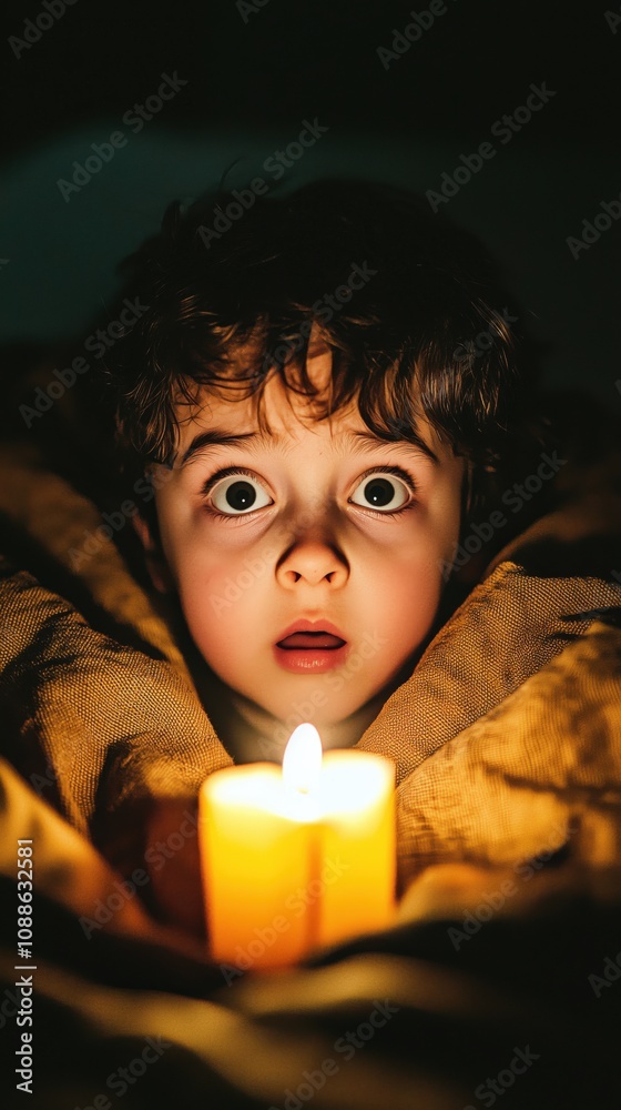 Scared Child in Candlelit Bedroom with Eerie Faces at Window Scared Child in Candlelit Bedroom with Eerie Faces at Window
