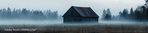 Misty Finnish Field with Rustic Barn in a Foggy Landscape