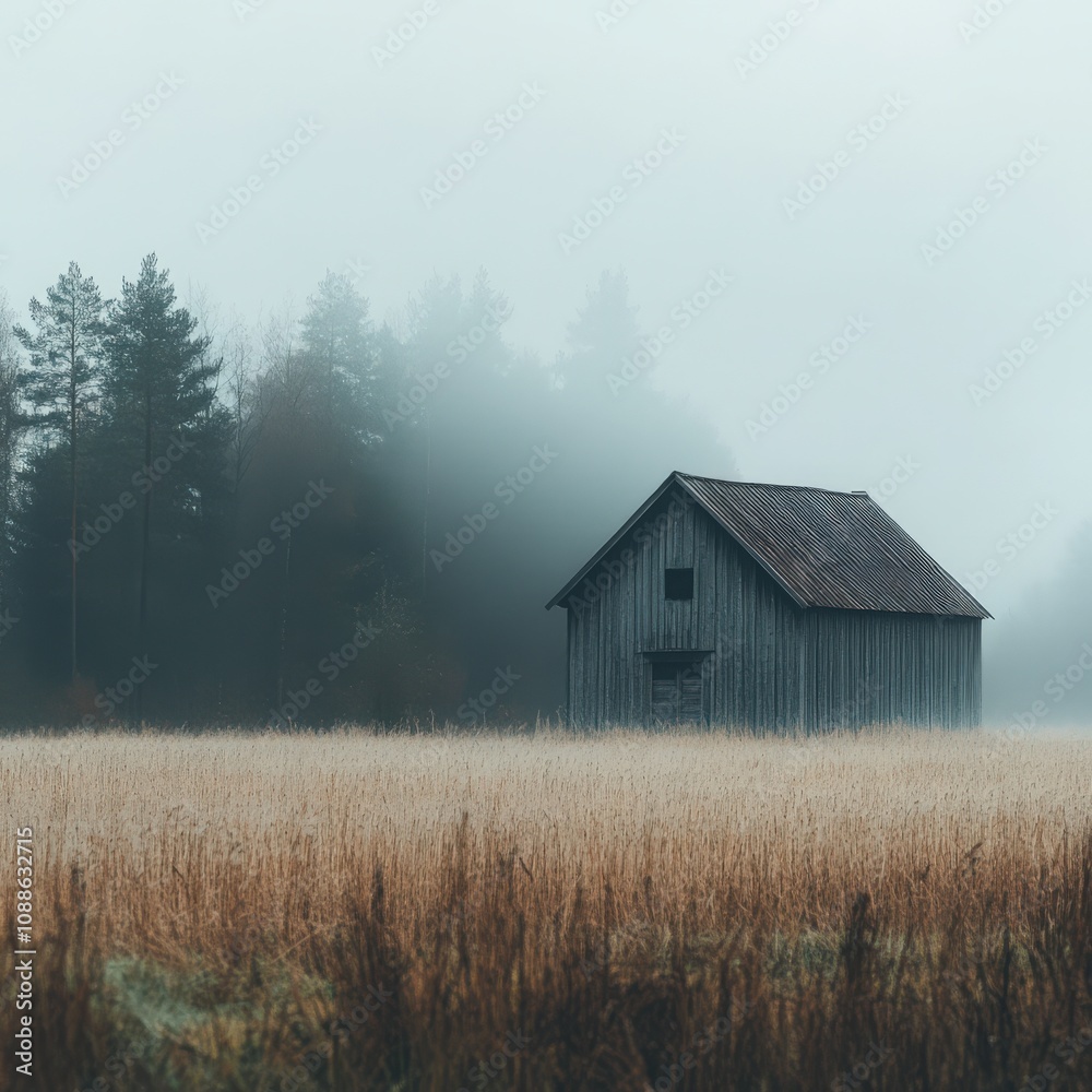 Misty Finnish Field with Rustic Barn in a Foggy Landscape Misty Finnish Field with Rustic Barn in a Foggy Landscape