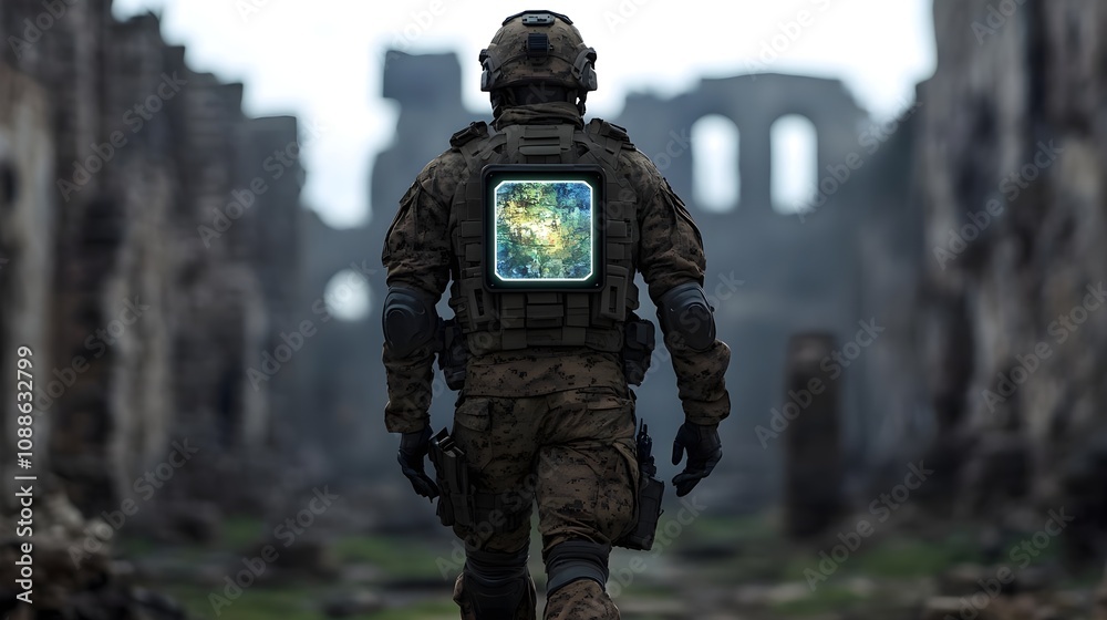 Futuristic Soldier Ruins Back View Futuristic Soldier Ruins Back View