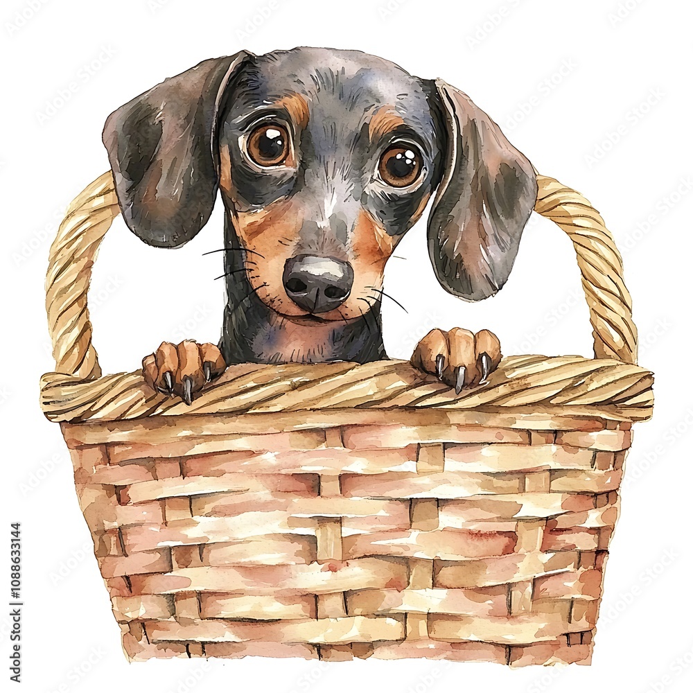 Obraz premium Adorable Watercolor Painting of a Dachshund Puppy Peeking from a Wicker Basket. 