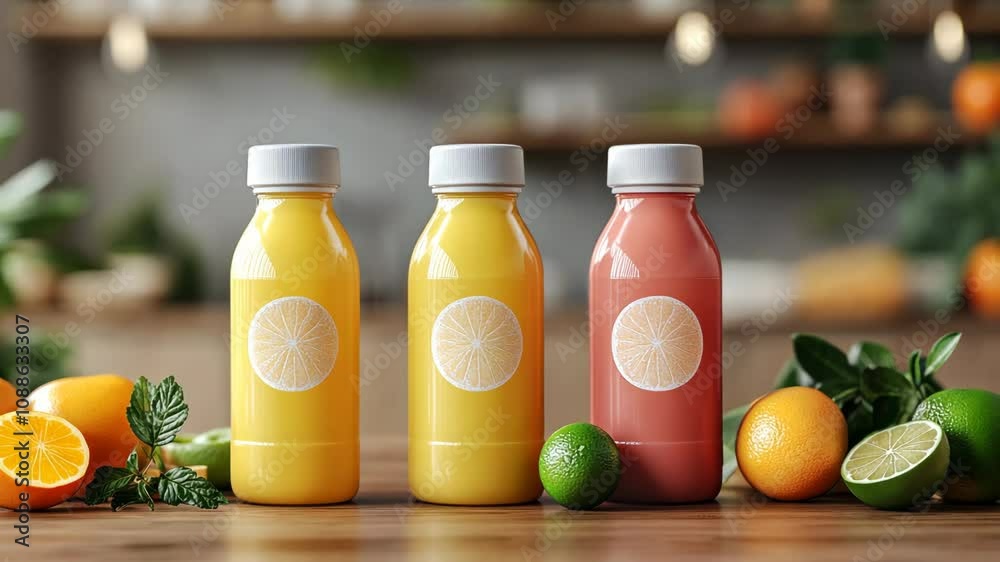 A kitchen counter displays three small bottles of juice A kitchen counter displays three small bottles of juice