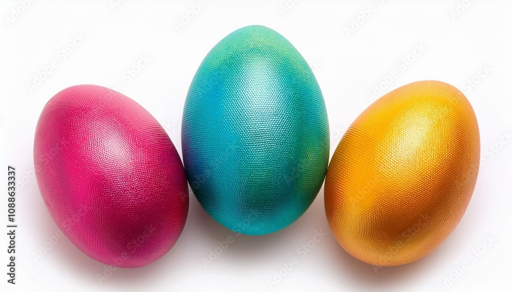 three colorful easter eggs are laying on a white background three colorful easter eggs are laying on a white background
