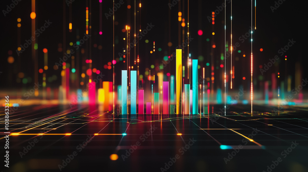 Abstract black background with 3D Colorful charts and graphs with statistics to innovative analyze business potential and forecast future development of companies growth. Abstract black background with 3D Colorful charts and graphs with statistics to innovative analyze business potential and forecast future development of companies growth.