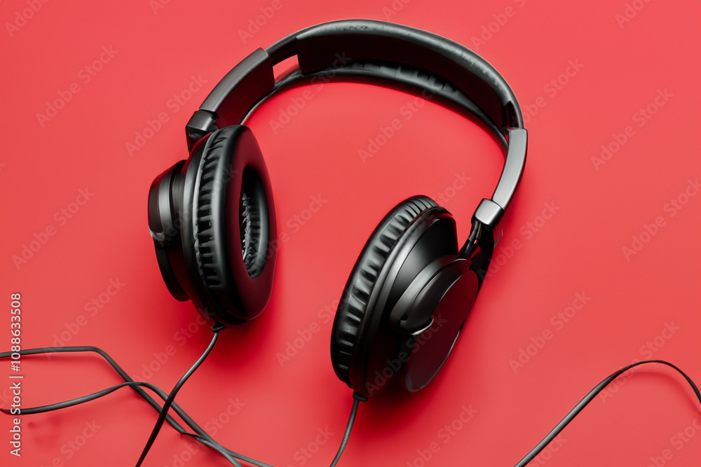 Man with headphones in red and on white . music technology audio concept. stylish laptop computer lies on a white with red headphones. a stylish man lies on a computer in and red on a lifestyle white. Man with headphones in red and on white . music technology audio concept. stylish laptop computer lies on a white with red headphones. a stylish man lies on a computer in and red on a lifestyle white.