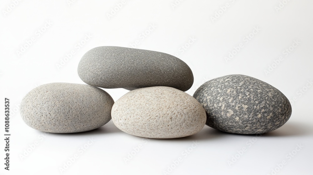 Several rounded rocks, each with its own unique pattern and texture, are placed on a white background. Several rounded rocks, each with its own unique pattern and texture, are placed on a white background.