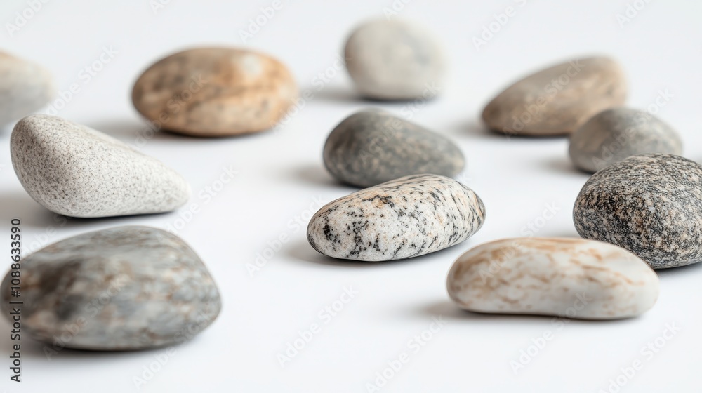 Several small and large rocks are placed on a clean white background, their textures and patterns subtly highlighted against the bright backdrop. Several small and large rocks are placed on a clean white background, their textures and patterns subtly highlighted against the bright backdrop.