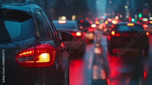 Cars are stopped in traffic in the city at dusk.