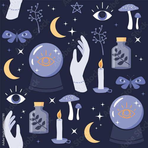 Magic seamless pattern, witch's collection.