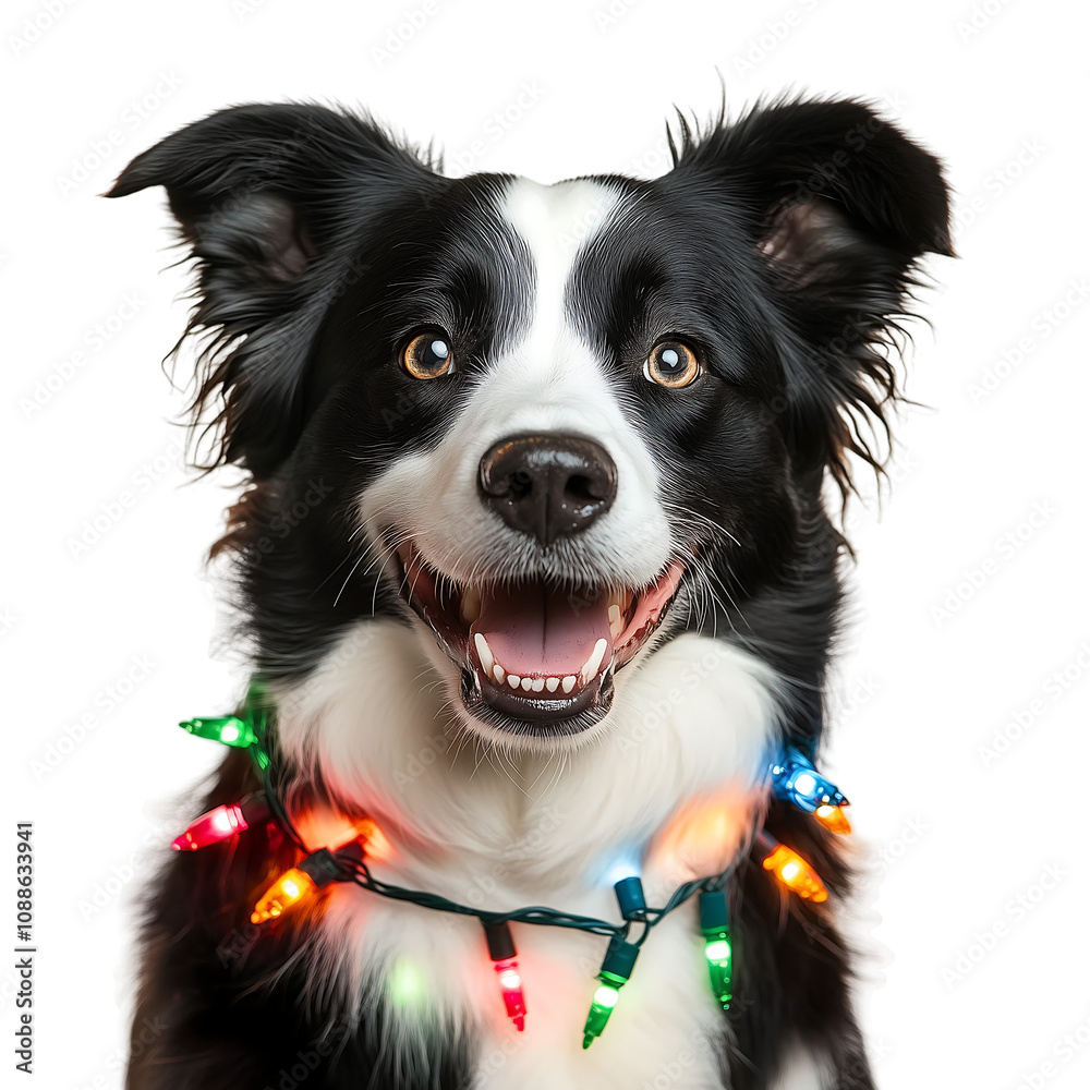 a smiling Border Collie with Christmas lights, isolated on white background. a smiling Border Collie with Christmas lights, isolated on white background.