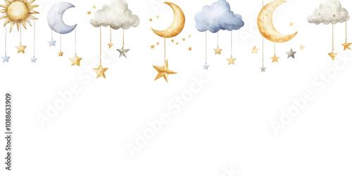 Watercolor sun, clouds, and moon with stars hanging on strings