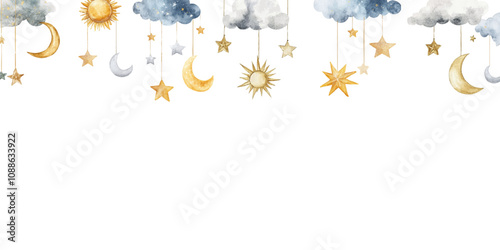 Watercolor sun, clouds, and moon with stars hanging on strings