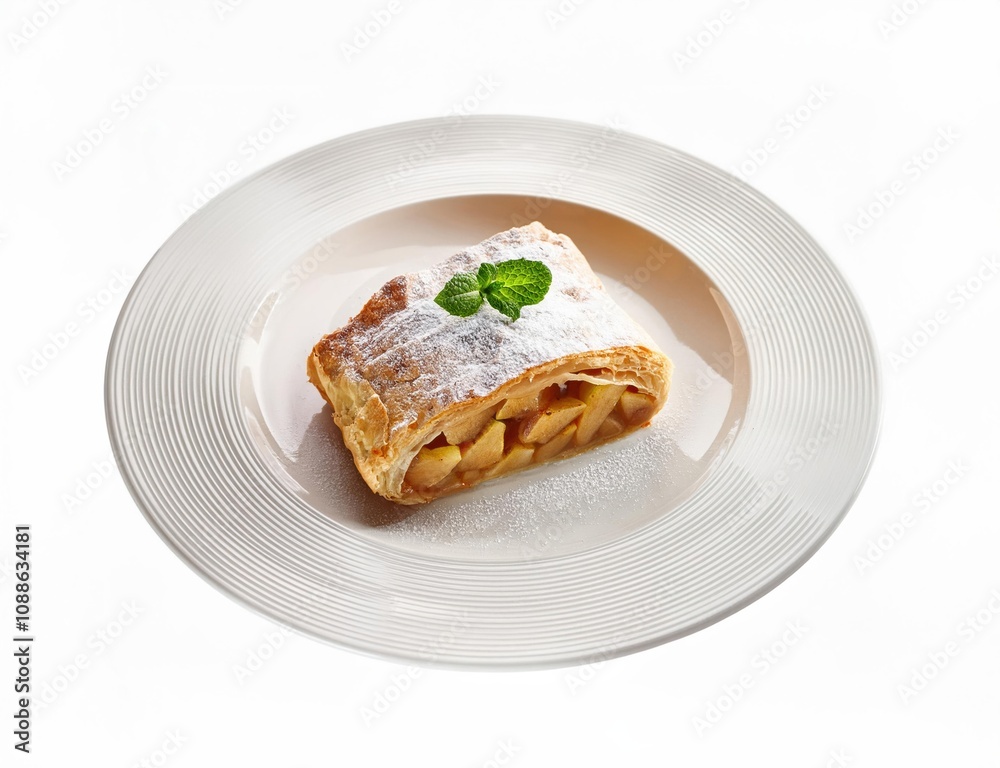 apple strudel in a white plate on white background apple strudel in a white plate on white background