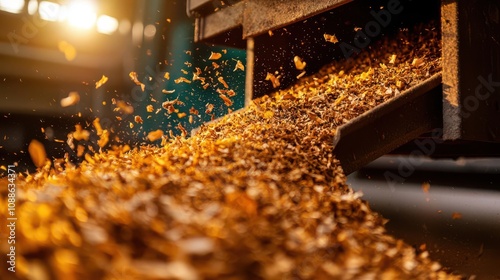 Flow of processed material from a machine, highlighting industrial production. photo