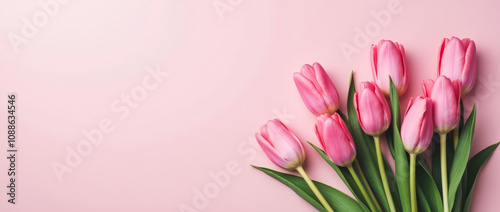 Beautiful Spring Flowers Bouquet of Pink Tulips on Pastel Pink Background