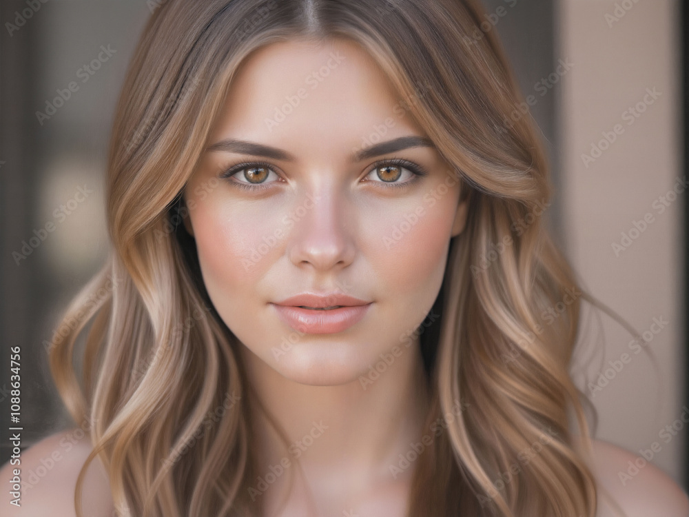 Natural Beauty with Long Wavy Hair and Soft Expression Natural Beauty with Long Wavy Hair and Soft Expression