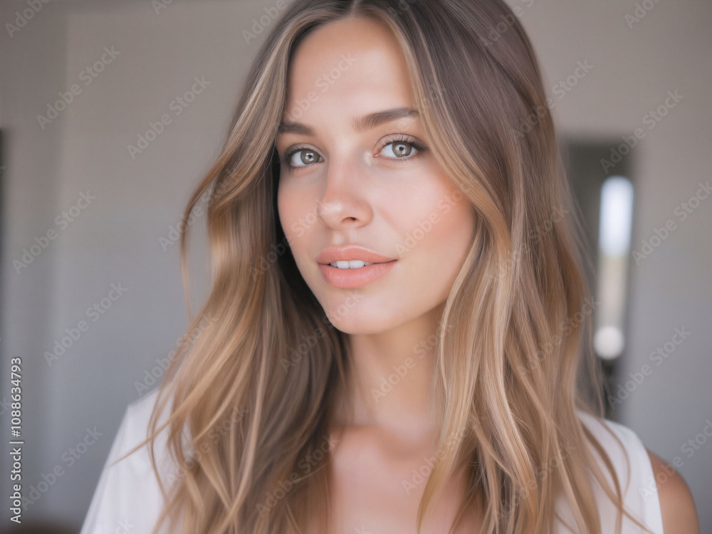 Naklejka premium Beautiful woman with long wavy hair and natural makeup