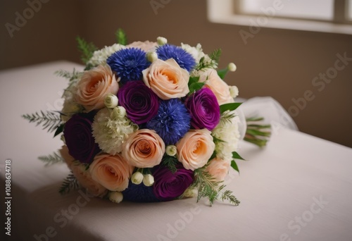 Wedding bouquet of different flowers on a white table. AI generated photo