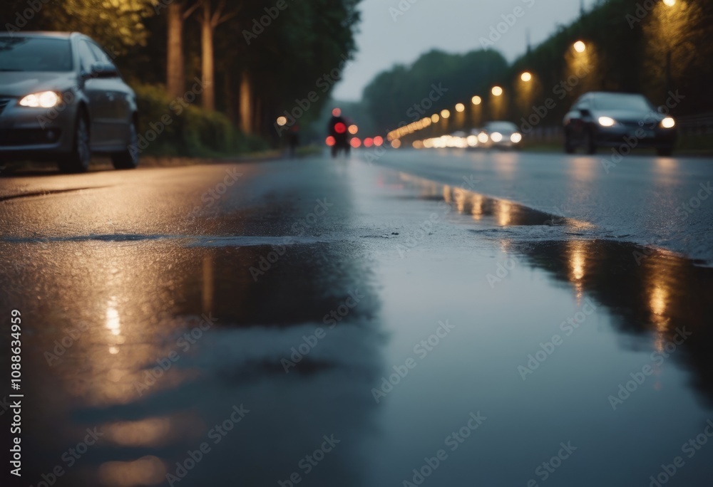 Traffic in the rain on the road. Shallow depth of field. AI generated