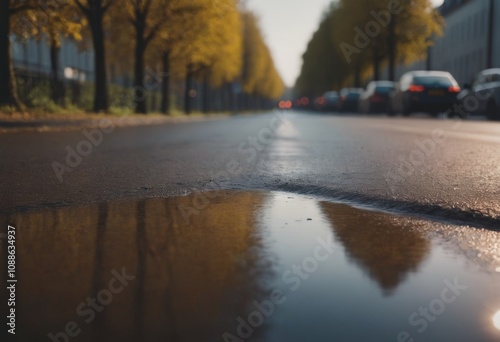Reflection of the trees in a puddle on the asphalt road. AI generated