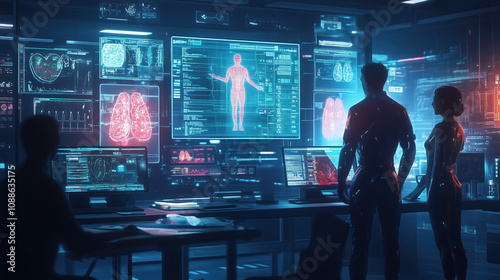 Futuristic Telehealth Meeting with Medical Specialists and 3D Diagrams Floating in Digital Space, Virtual Healthcare Consultation with High-Tech Medical Visualization photo