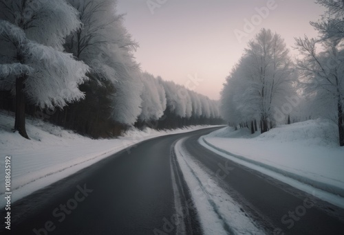 Beautiful winter landscape with road and trees covered with hoarfrost. AI generated