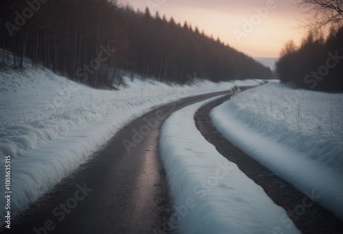 Winter road in the forest. Beautiful winter landscape with snowy road. AI generated photo