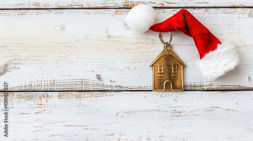 Metal house keychain with Christmas Santa hat on white desk, top view. Real estate agency, agent or realtor, construction, holiday decoration, seasonal sales, mortgage, home loan. Copy space