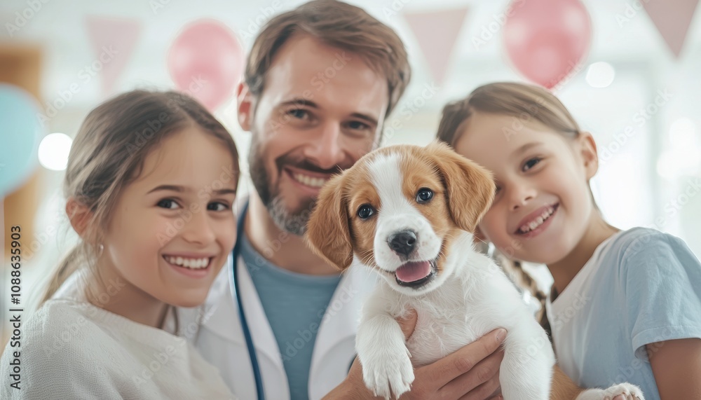 Cheerful family adopts a new puppy at a veterinary clinic celebrating pet adoption in a joyful environment with heartwarming connections Cheerful family adopts a new puppy at a veterinary clinic celebrating pet adoption in a joyful environment with heartwarming connections