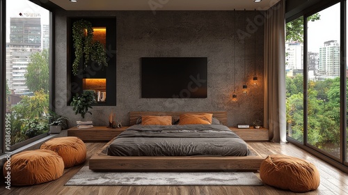 Modern bedroom with large windows showcasing urban view and cozy design elements during daylight